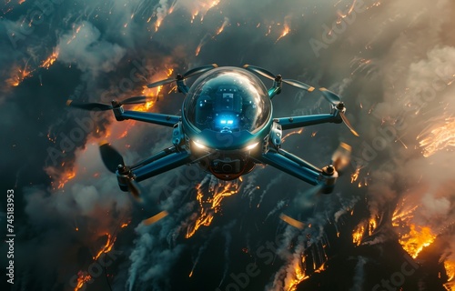 A futuristic water extinguisher drone targeting fires on a burning Earth viewed from above