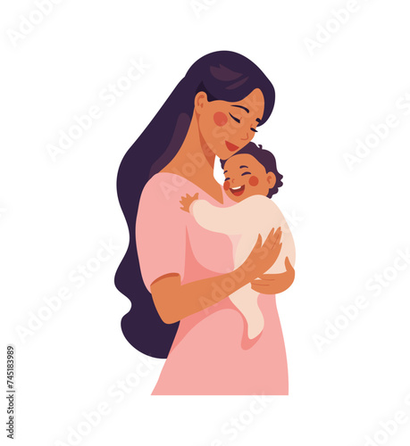 Happy young mother hugs her laughing baby. Mother s Day card, concept of motherhood and parenthood, family support. Flat cartoon vector illustration isolated on white background.
