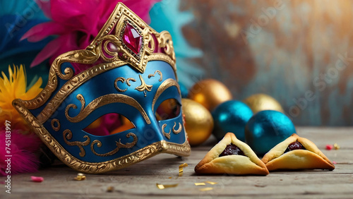 Happy Purim, Jewish holiday carnival fair background with carnival masks and traditional Hamantaschen cookies.