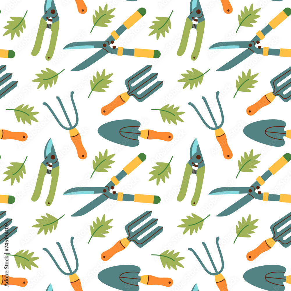 Seamless pattern of gardening items in hand drawn style. Agricultural and garden tools for spring work. Seamless pattern of gardening items in hand drawn style. Agricultural and garden tools for spring work.