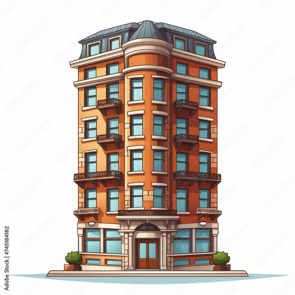 Towering building with many windows and red roof. Generative AI Towering building with many windows and red roof. Generative AI
