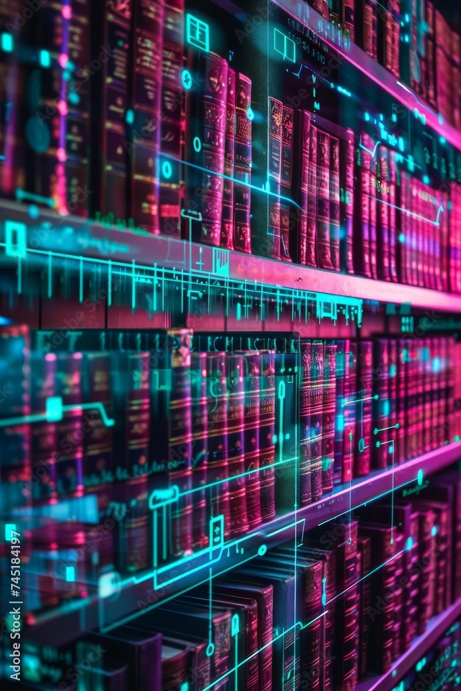 A holographic library digital books floating in a matrix environment each book unlocking with a unique key A holographic library digital books floating in a matrix environment each book unlocking with a unique key
