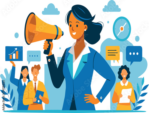Jobs posted on a megaphone are announced by businesswomen seeking career development or employment, human resources recruiters, job communicators or recruiting opportunities, and job advertisements.