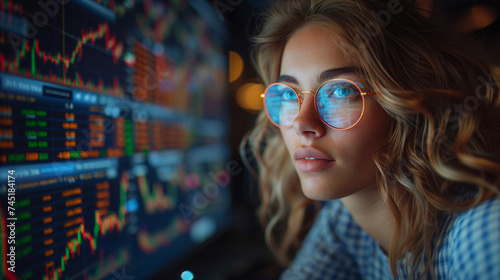 a young beautiful woman looking at the monitor with stock market data. Trading and financial concept.