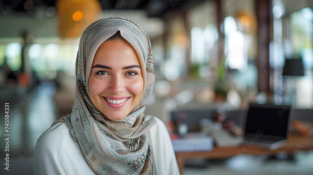 Smiling a businesswoman of arab descent working on desk in a modern business office tower. bright white tone. bright white tone. Smiling a businesswoman of arab descent working on desk in a modern business office tower. bright white tone. bright white tone.