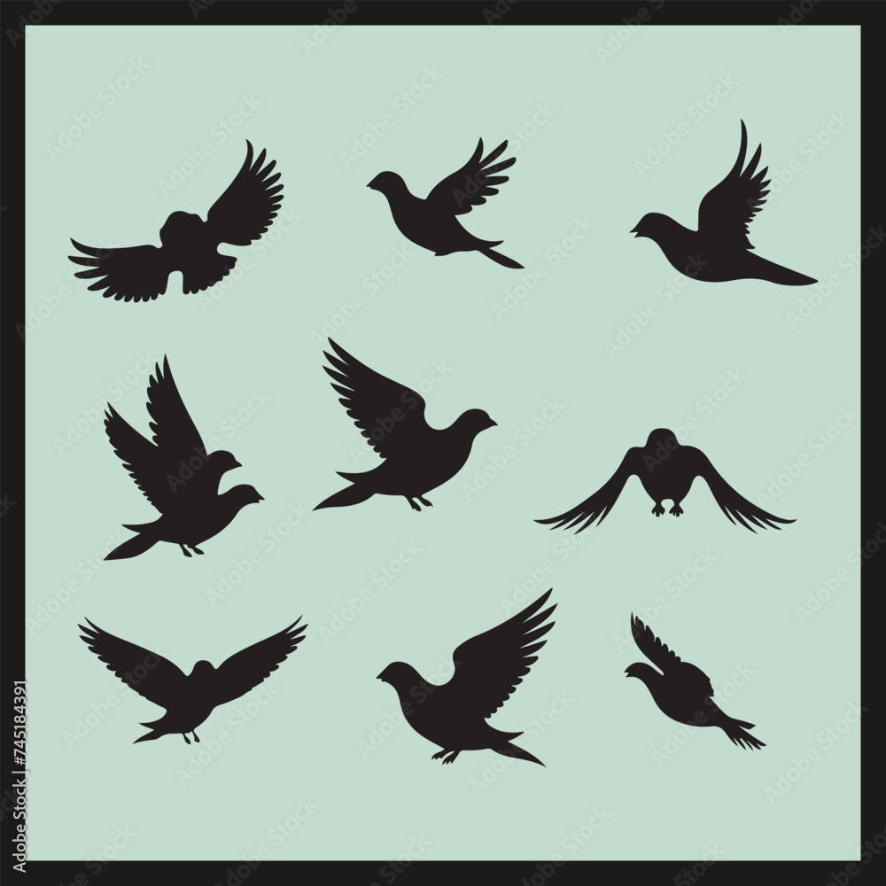 Dove black silhouette set vector, silhouettes of birds Dove black silhouette set vector, silhouettes of birds