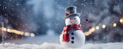 Beautiful snowman in fairytale snowy landscape. Wallpaper and background. © Filip