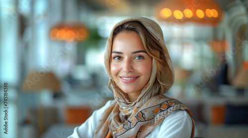 Smiling a businesswoman of arab descent working on desk in a modern business office tower. bright white tone. bright white tone.