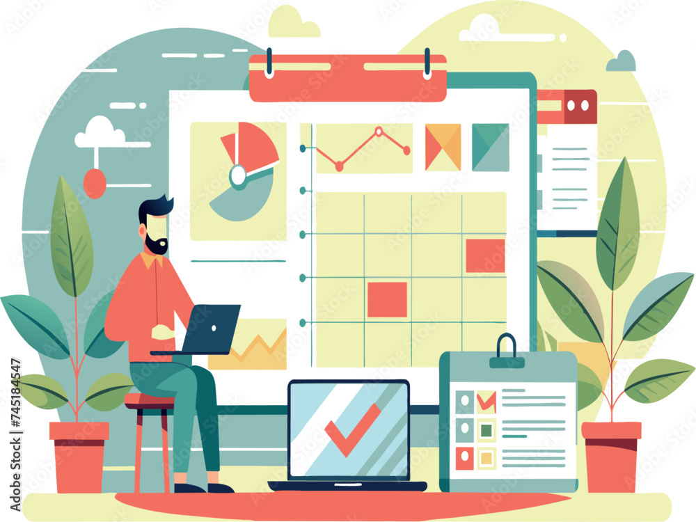 Project management, software development planning, resource and budget planning, gantt chart for work deadline idea, project schedule diagram, and laptop computer equipped with project management soft Project management, software development planning, resource and budget planning, gantt chart for work deadline idea, project schedule diagram, and laptop computer equipped with project management soft