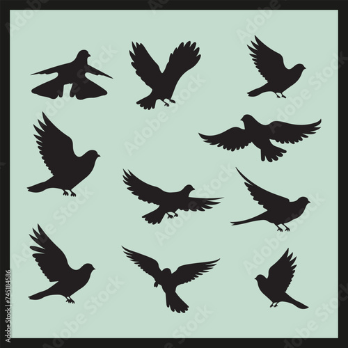 Dove black silhouette set vector, set of silhouettes of birds