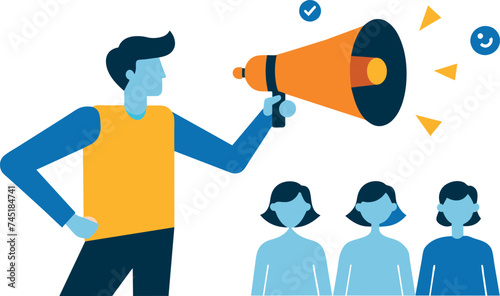 Public relations and business professionals shouting into a megaphone to announce promotions, yell out to staff, give a speech in the community or company, or use loud voices to make a statement.