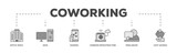 Coworking icons process structure web banner illustration of office space, desk, sharing, common infrastructure, freelancer, and cost savings icon live stroke and easy to edit 