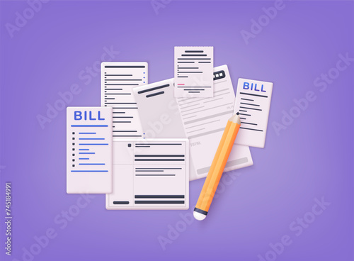 Paying bills and pencil. Payment of utility, bank, restaurant and other. 3D Web Vector Illustrations.