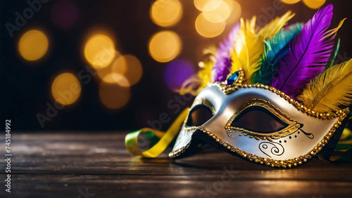 Mardi Gras carnival mask with feather on dark background, with copy space. Ai Generated.