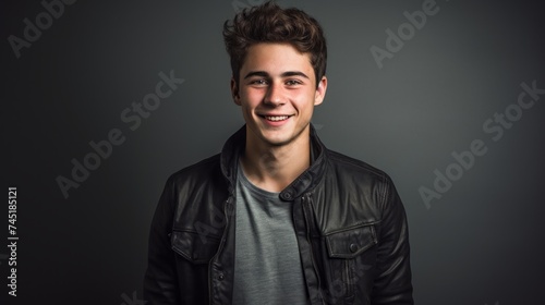 Studio Portrait of a young smiling brunette guy putting on casual clothes and looking directly into the camera on a gray background.