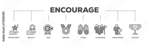 Encourage icons process structure web banner illustration of opportunity, quality, goal, reward, vision, leadership, achievement, success icon live stroke and easy to edit 