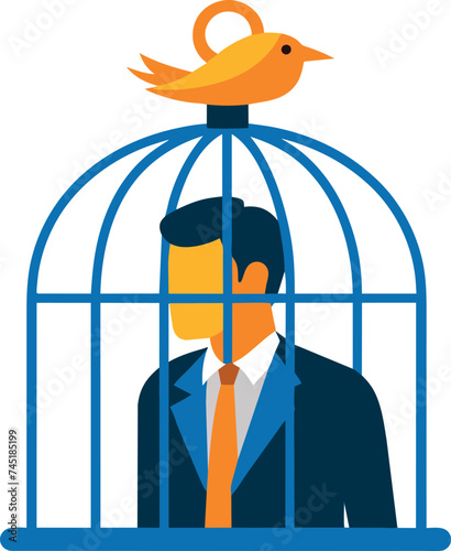 Struggle prison mind, fixed attitude locked within psychology, stressed nervous or overworked, slavery, despair prisoner or depression concept, businessman trapped inside birdcage on human head brain.