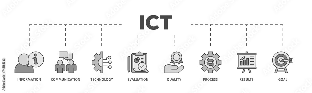 ICT icons process structure web banner illustration of antenna, radio ...