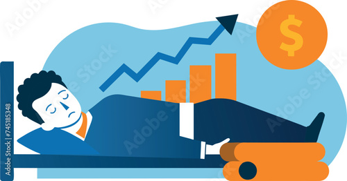 Simple money or passive earnings Make money while you sleep, invest successfully, get wealthy quickly, profit from the stock market, mutual funds, or cryptocurrency concept; businessmen sleep 
