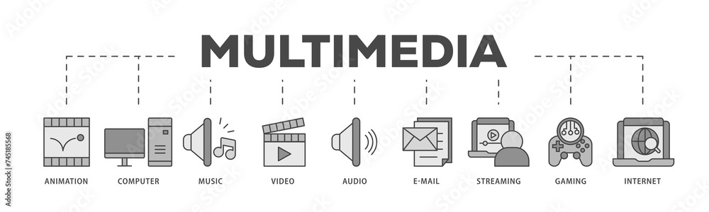 Multimedia icons process structure web banner illustration of e mail, video, audio, internet, streaming, gaming, music, computer, animation icon live stroke and easy to edit Multimedia icons process structure web banner illustration of e mail, video, audio, internet, streaming, gaming, music, computer, animation icon live stroke and easy to edit