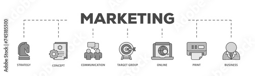 Marketing mix icons process structure web banner illustration of product, price, place, and promotion icon live stroke and easy to edit 