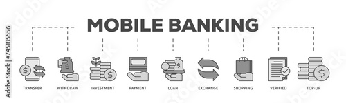 Mobile banking icons process structure web banner illustration of transfer, withdraw, investment, payment, loan, exchange, shopping, verified and top up icon live stroke and easy to edit 