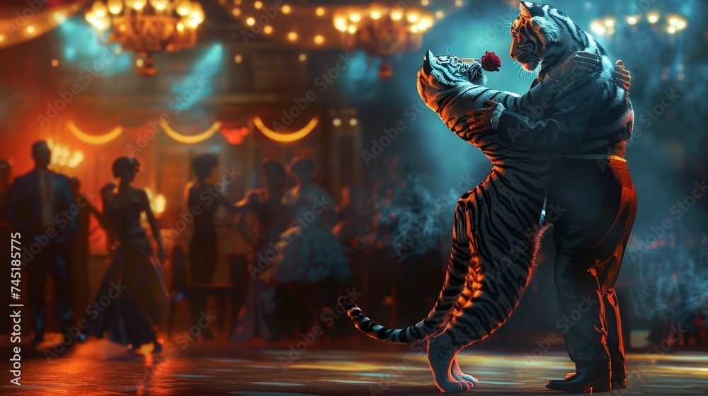 A tango-twirling tiger in an elegant dance hall, a rose in its mouth, dancing passionately with a partner under spotlights - obrazy, fototapety, plakaty 