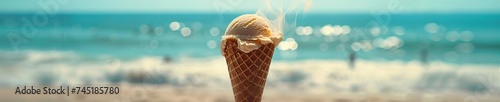 A tempting visual of hot ice cream a steaming cone against a backdrop of a sunny beach melting rapidly