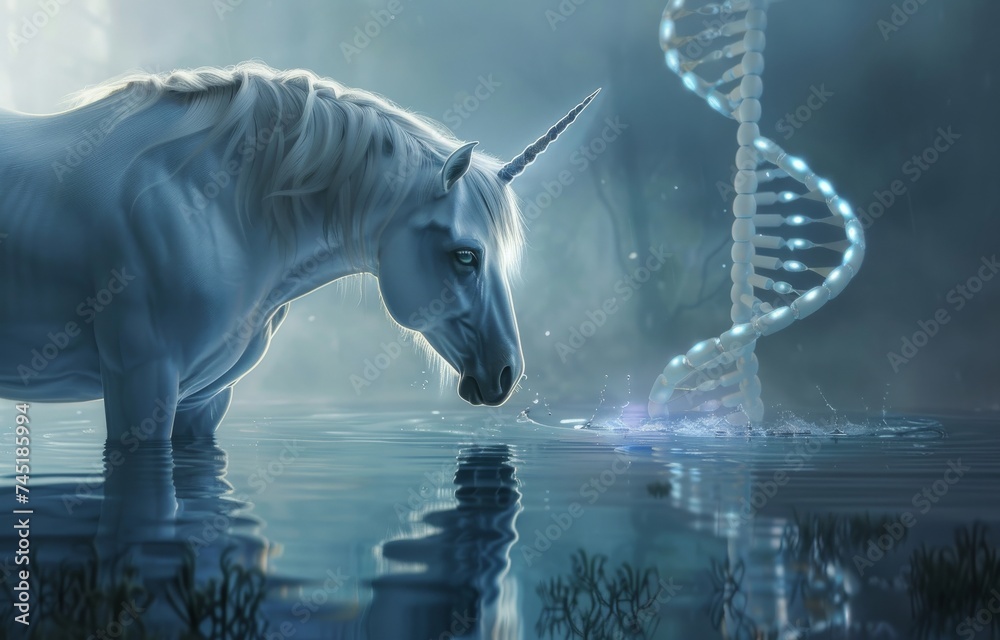 A unicorn gazing into a reflecting pool that shows a DNA spiral, symbolizing the mystical origins of its existence