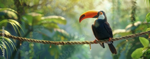 A tightrope-walking toucan balancing on a rope stretched between two tropical trees, its colorful beak adding to the spectacle photo