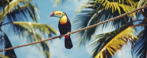 A tightrope-walking toucan balancing on a rope stretched between two tropical trees, its colorful beak adding to the spectacle photo