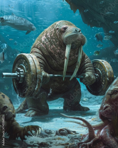 A weightlifting walrus in a gym, hefting large barbells with its flippers, surrounded by admiring marine creatures photo