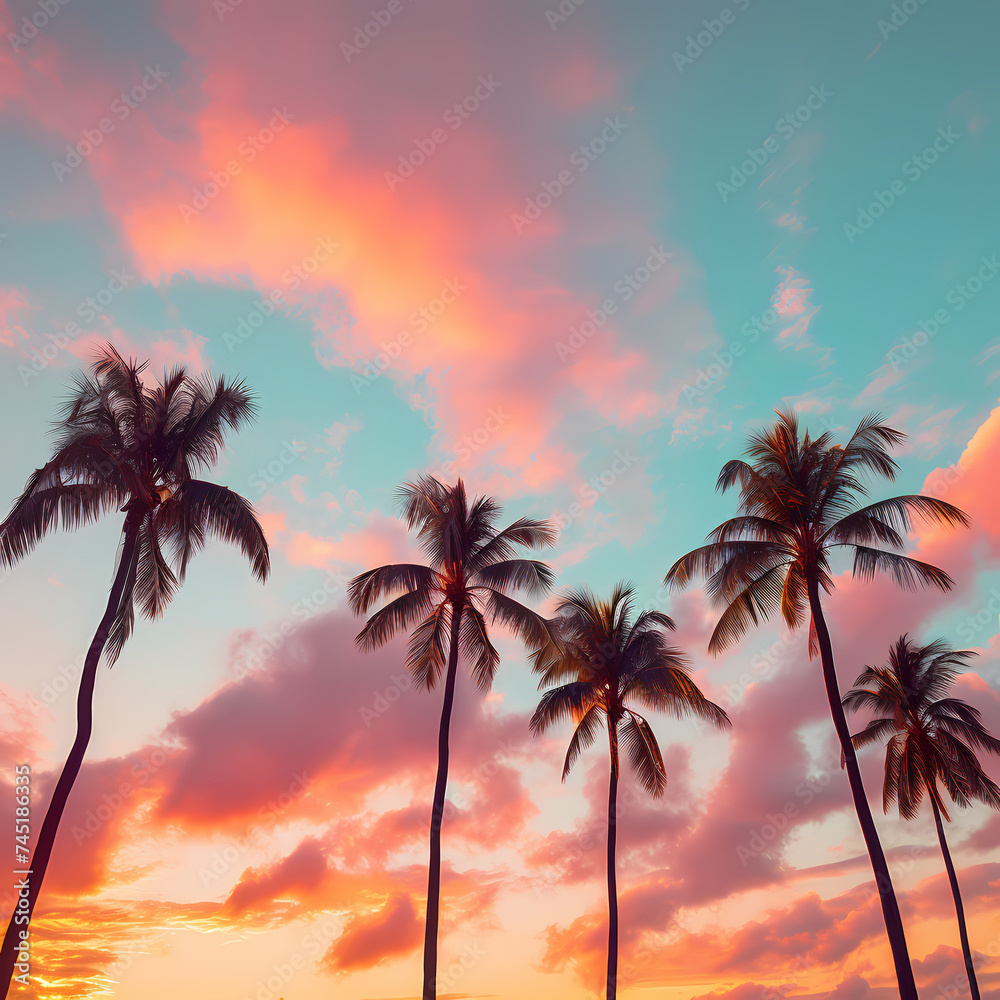 Tropical palm trees against a pastel-colored sunset