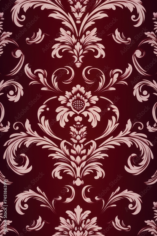 A Maroon wallpaper with ornate design, in the style of victorian, repeating pattern vector illustration
