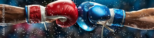 Boxers wearing marshmallow boxing gloves in a ring humorously sparring with oversized soft and squishy gloves photo