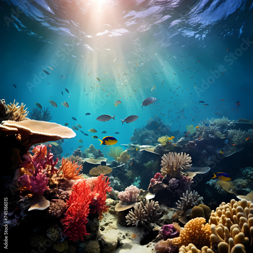 Underwater shot of coral reefs teeming with marine life