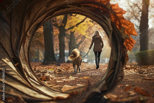 A woman and a man, dressed in vintage fashion, are walking their dog through an ancient forest near an old church, embodying the beauty of autumn love in a city park, surrounded by historic architectu photo