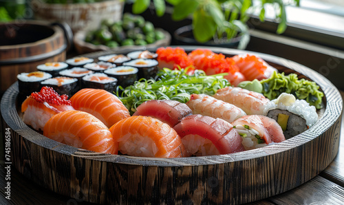 Beautiful sushi on a tray in a luxury asian restaurant