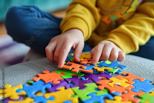 hands of an autistic child hold a colorful puzzle. World autism awareness day