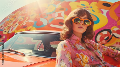 Wallpaper Mural Stylish woman in retro fashion posing in front of a vintage car with colorful psychedelic background. Torontodigital.ca