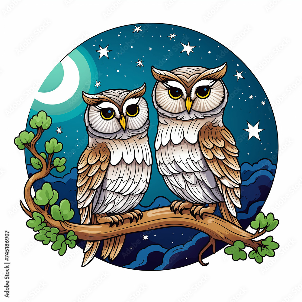 Fototapeta premium Two Owls Perched on Branch With Stars and Moon. Generative AI