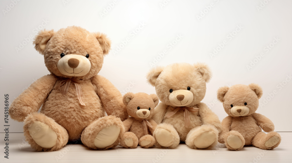 Group of brown teddy bears sitting together. Generative AI