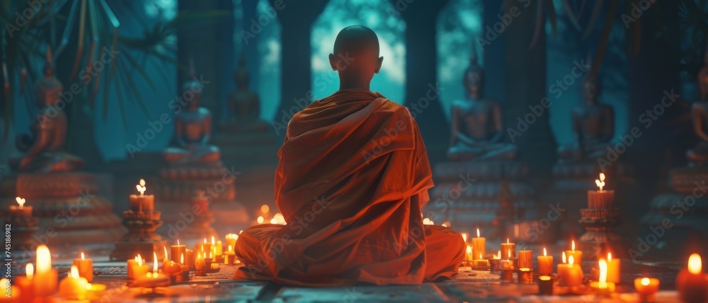 Monk meditating among candle lights with a temple in the background, conveying spirituality and peace