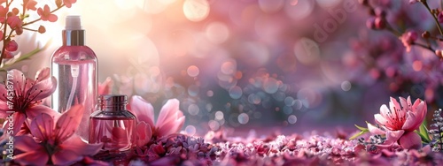 Elegant perfume bottles nestled among vibrant spring blossoms, creating an alluring and romantic atmosphere. photo