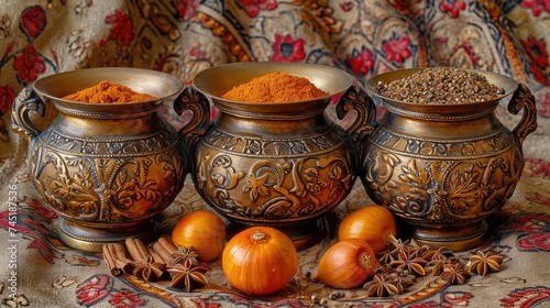Three ornate bronze pots with spices on a patterned fabric, accompanied by persimmons.