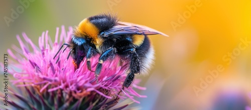 A bumblebee rests on top of a purple thistle flower, delicately sucking sweet pollen from its center in a natural feeding process.