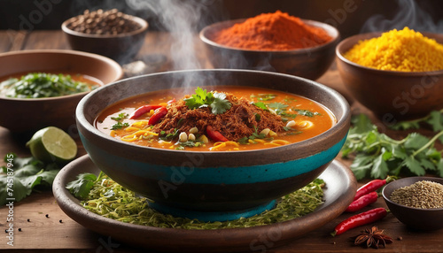 Spices and flavors of the soup against the backdrop of a beautiful sunny day, the vibrant colors and aromatic steam rise from the bowl, inviting viewers to indulge in its exquisite taste and beauty © mdaktaruzzaman