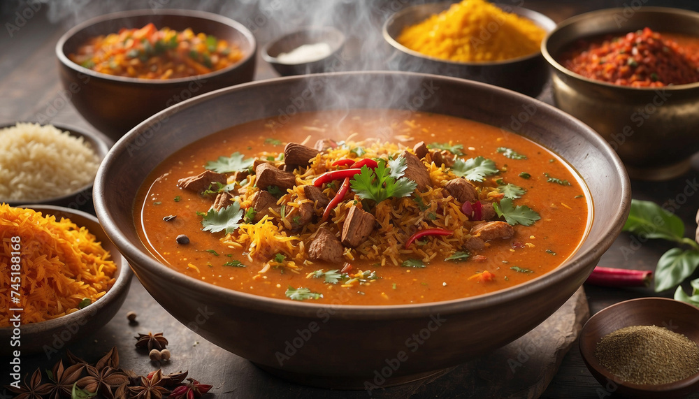 Spices and flavors of the soup against the backdrop of a beautiful sunny day, the vibrant colors and aromatic steam rise from the bowl, inviting viewers to indulge in its exquisite taste and beauty