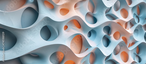 Combinations of curves and holes, 3d pattern in blue, orange and pale blue color with waves and wavy shapes