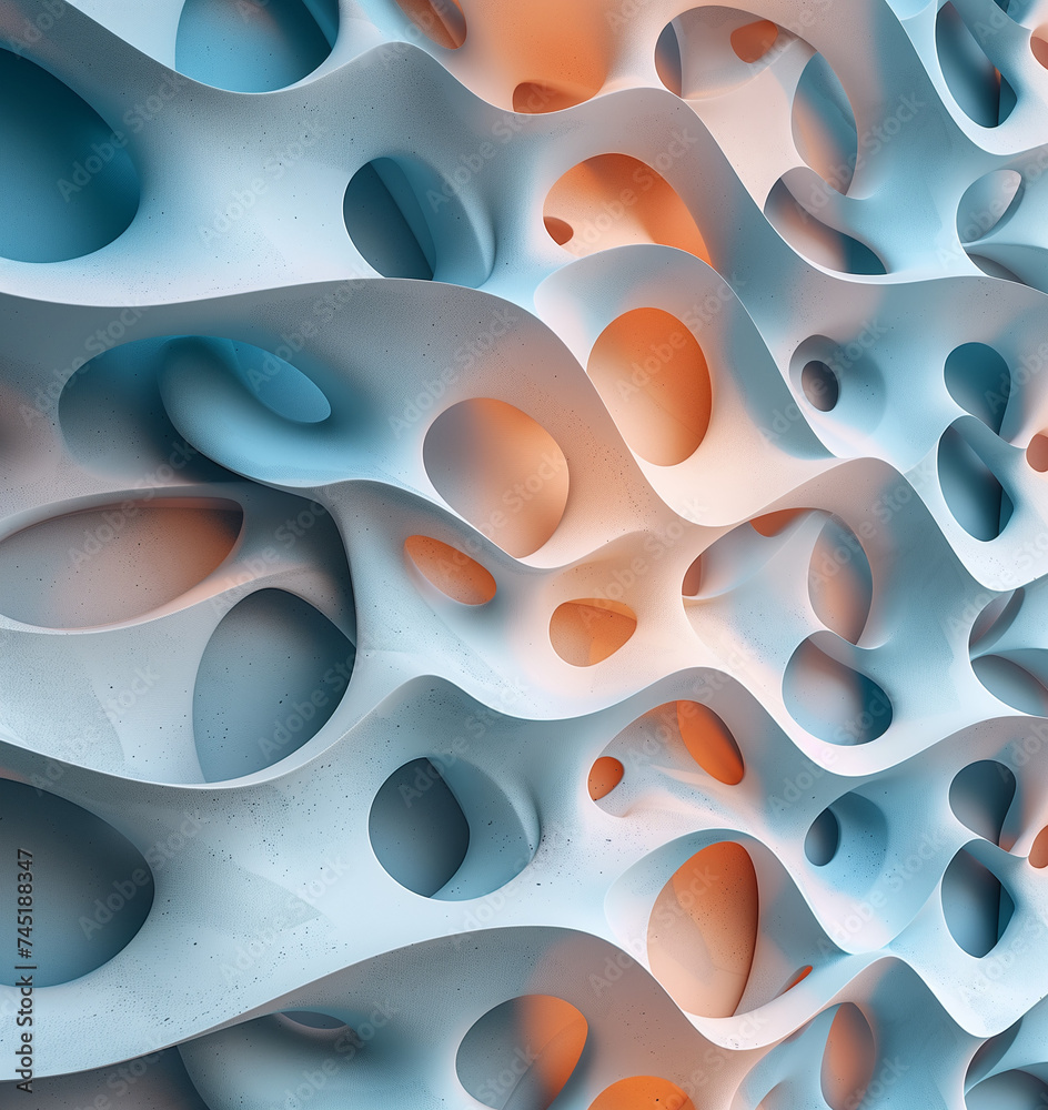 Combinations of curves and holes, 3d pattern in blue, orange and pale blue color with waves and wavy shapes